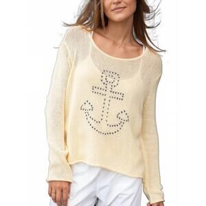 NEW WOODEN SHIPS stitched anchor cotton crew sweater in sunlight/ darkest indigo